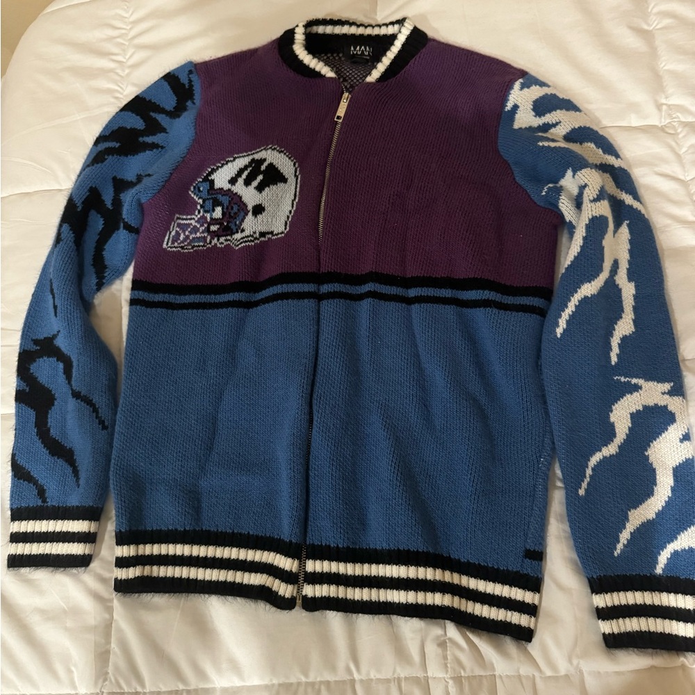 Boohoo Purple and Blue Zip Up Sweater with Tribal Design